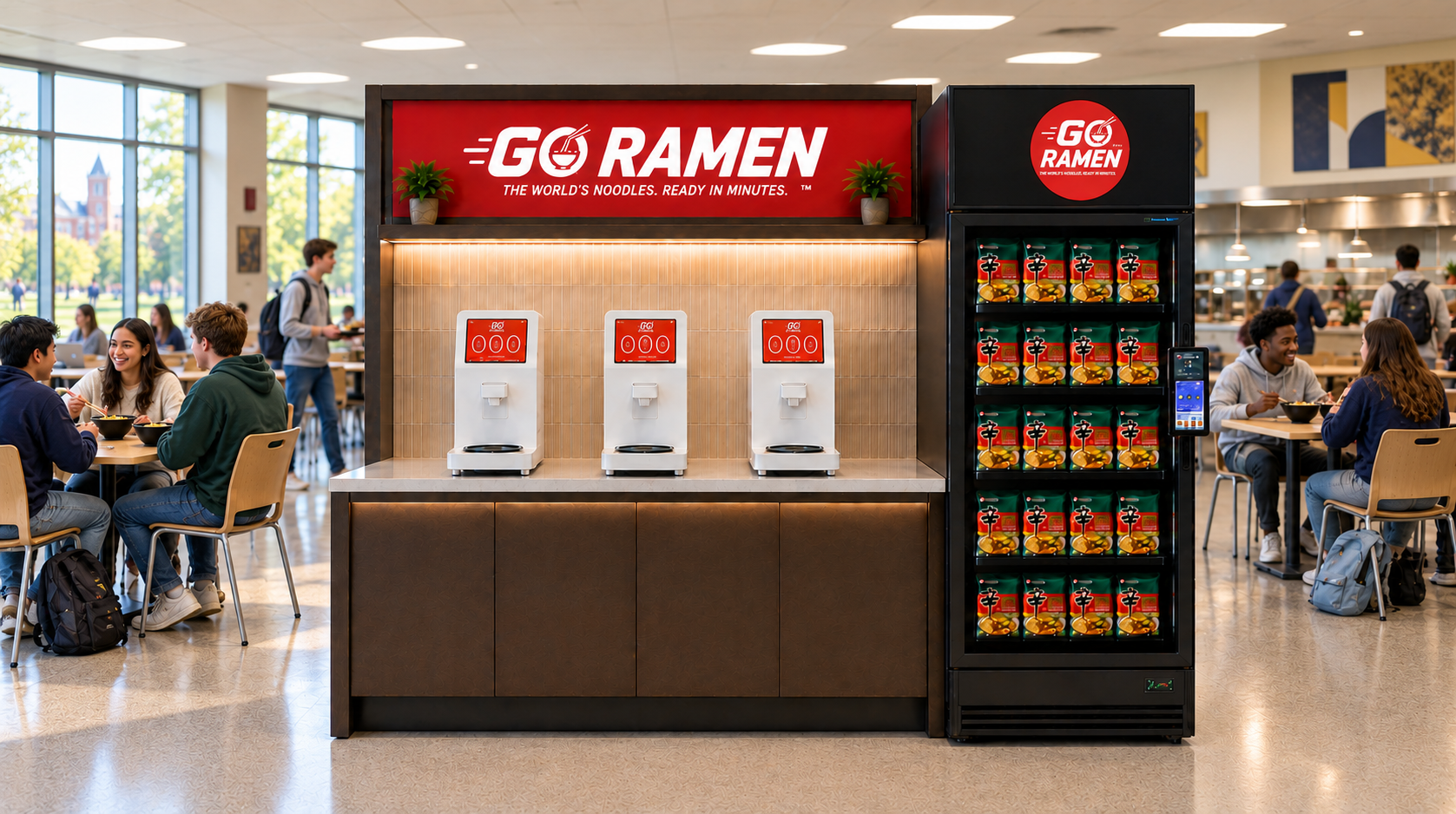 Campus cafeteria concept showing a proposed Go Ramen station; this is not an existing installation.