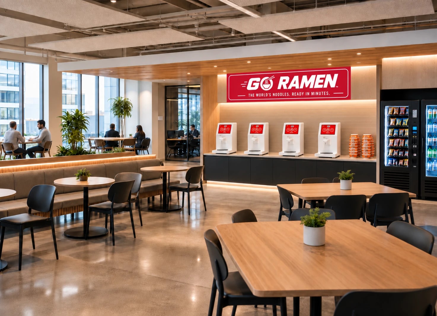 Shared workplace station concept showing a proposed Go Ramen station; this is not an existing installation.